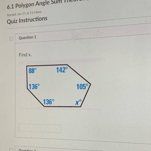 Question 1
Find x.
88°
142°
(136°
1059
136°
ro