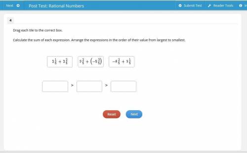 Drag each tile to the correct box.

Calculate the sum of each expression. Arrange the expressions