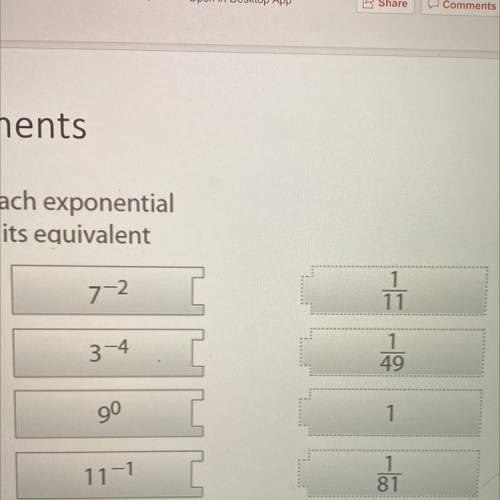 Draw lines to match each exponential number on the left to it's equivalent on the right