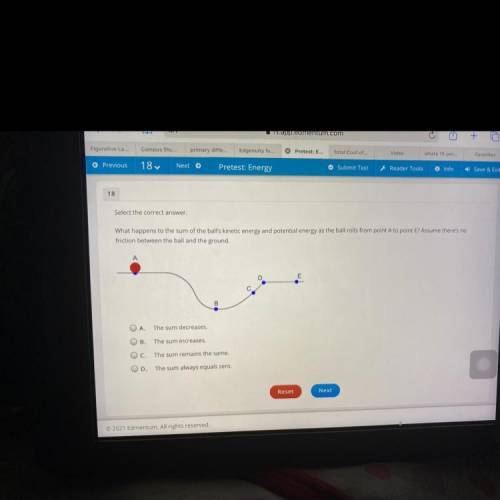 What happens to the sum of the balls kinetic energy and potential energy as the ball rolls from poi