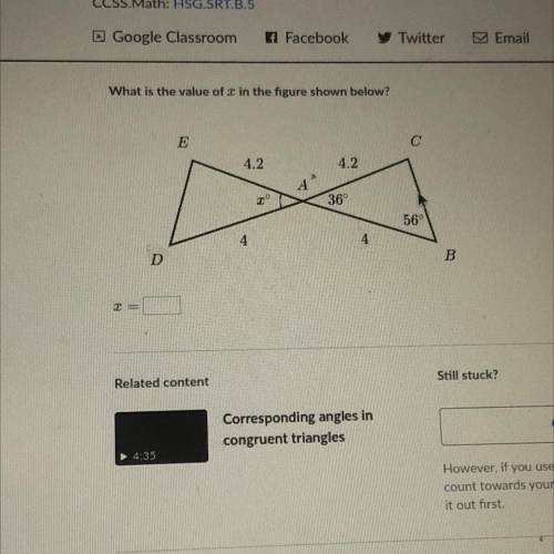 What is the value of 3 in the figure shown below?

E
4.2
4.2
A
369
56°
4
4
B
D
T
Still stuck?
Rela