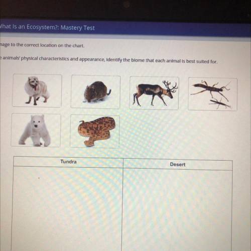 Please help me!
Drag each image to the correct location on the chart. Tundra or desert.