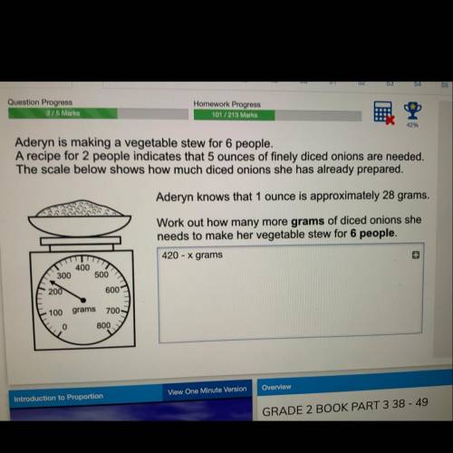 15 points!

I am Trying to get 5 marks 
Aderyh is making a vegetable stew for 6 people.
A recipe f