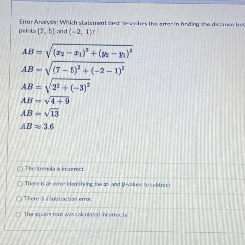 Error Analysis: Which statement best describes the error in finding the distance between the

poin