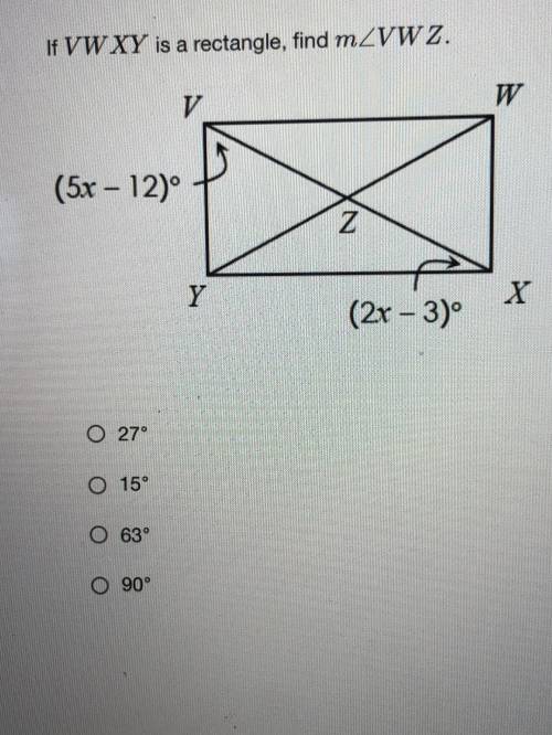 If VWXY is a rectangle, find m∠VWZ.