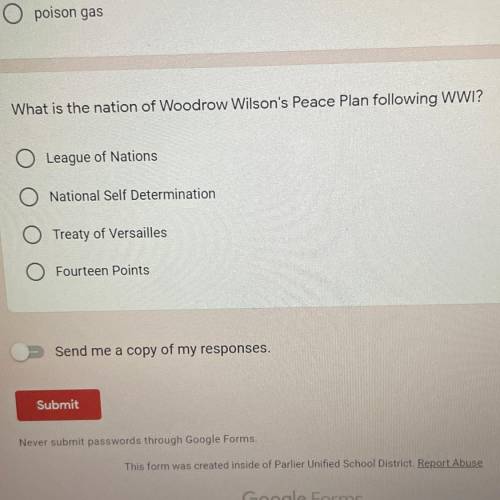 What is the nation of Woodrow Wilson's Peace Plan following WWI?

League of Nations
National Self