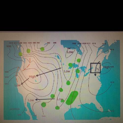 A weather map shows contrasting systems of low pressure and high pressure zones. Choose the arrow t