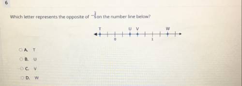 Which letter represents the opposite of 2/5 on the number line below?

A. T
B. U
C. V
D. W