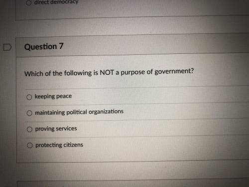 Which of the following is NOT a purpose of government?

A. keeping peace 
B. Maintaining political