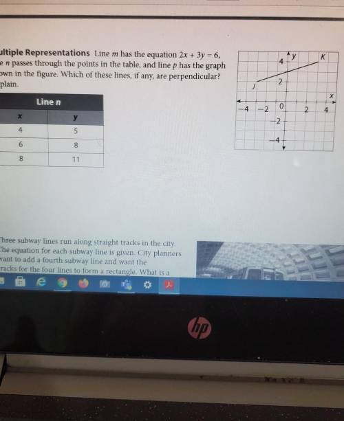 Line m has the equation 2x + 3y = 6, line n passes through the points in the table, and line p has