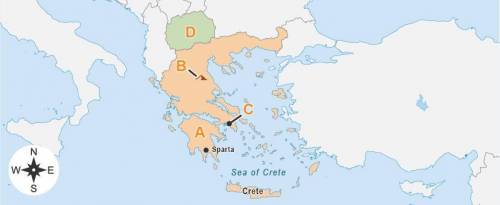 A map titled Greece. The map has labels A through D. A is on a peninsula with Sparta labeled. B is
