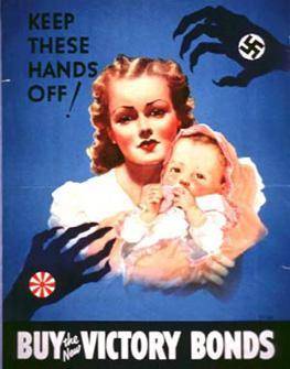 What is the motivation behind the “Buy the New Victory Bonds” poster?

to show that women and chil