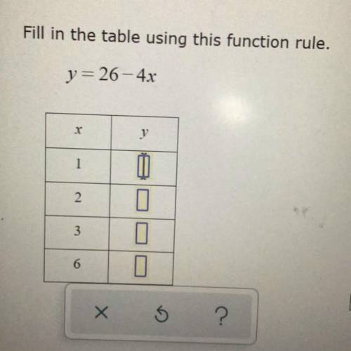 Fill in the table using this function rule.

y=26-4x
y
1
1
2
0
0
I
0
3
6
Plzzzz I will mark you as