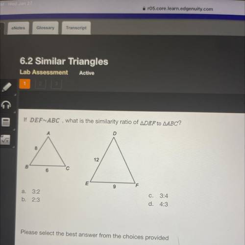 Plz help me 
If DEF~ABC, what is the similarity ratio of ADEF to AABC?
Look at image