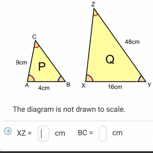 Triangles P and Q are similar.
Find the lengths of the sides: