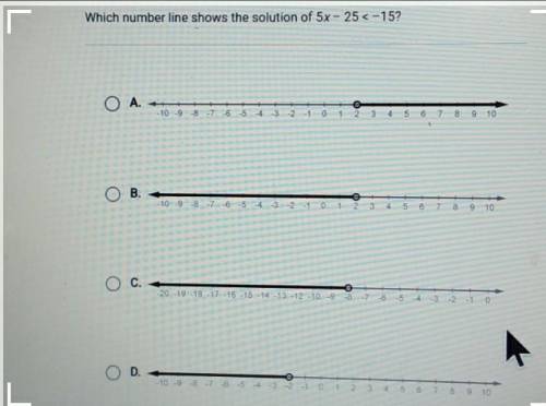 Which number line shows the solution of 5x- 25 <-15