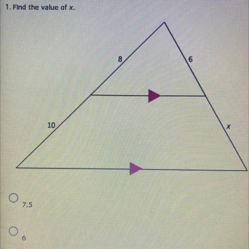 Find the value of x 
a. 7.5
b. 6
c. 10
d. 8