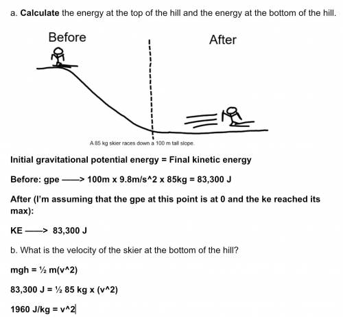 A 85 kg skier races down a hill from a height of 100 m. Ignore friction.