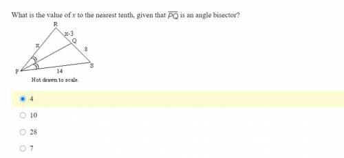 What is the value of x to the nearest tenth, given that PQ is an angle bisector?

HURRY I NEED THE