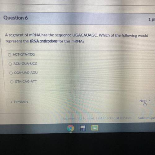 A segment of mRNA has the sequence UGACAUAGC. Which of the following would

represent the tRNA ant