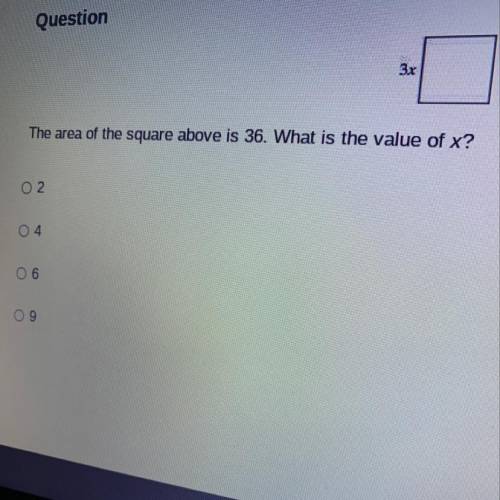 The area of the square above is 36. What is the value of x?
A) 2
B) 4
C) 6
D) 9