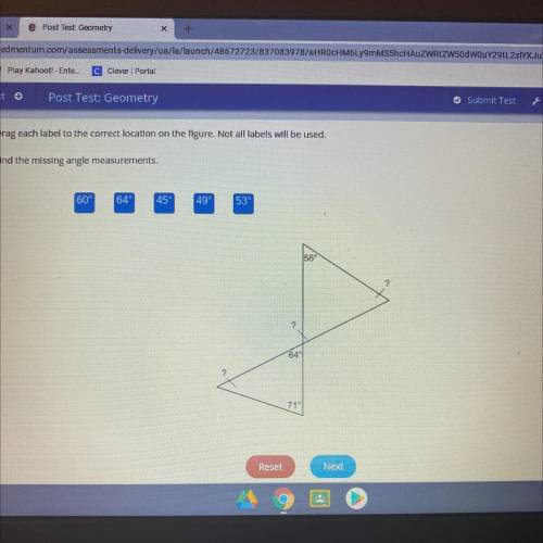 Find the missing angle measurements.
60°
64°
45
49
53°