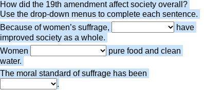 How did the 19th amendment affect society overall? Use the drop-down menus to complete each sentenc