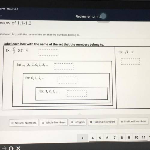 Label each box with the name of the set that the numbers belong to