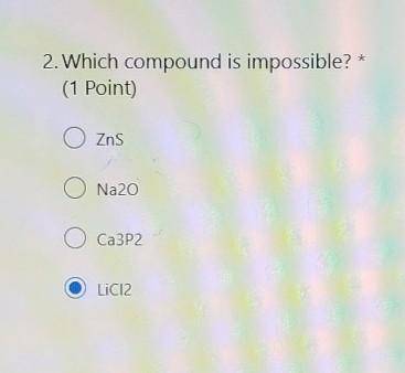 Which compound is impossible?A. ZnsB. Na2OC. Ca3P2D.LiCl2