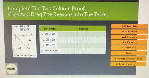 Complete The Two Column Proof.
Click And Drag The Reasons Into The Table.