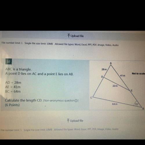 ABC is a triangle.

A point D lies on AC and a point E lies on AB.
AD = 28m
AE = 41m
BC = 64m
Calc