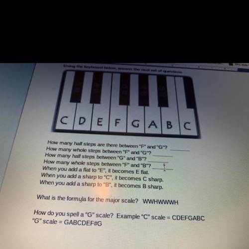 Music Theory HW

How many half steps are there between “F” and “G”?
How many whole steps between “