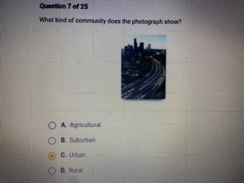 What kind of community does the photograph show?

A. Agricultural
B. Suburban
C. Urban
D. Rural