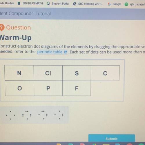 Question

Warm-Up
Iconstruct electron dot diagrams of the elements by dragging the appropriate set