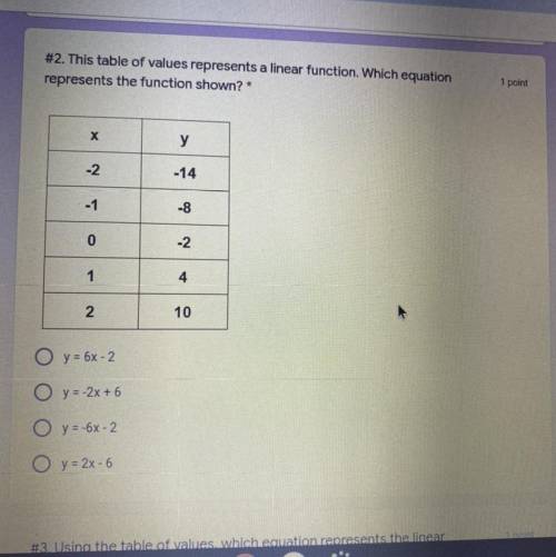 #2. This table of values represents a linear function. Which equation

represents the function sho