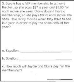 PLEASE HELP MATH jaycie has a vip membership to a movie theater, so she pays 27 a year and 6$ for e