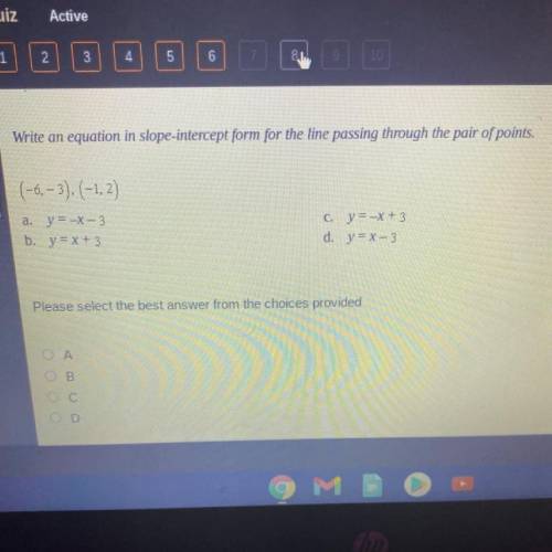 Write an equation in slope-intercept form for the line passing through the pair of points.