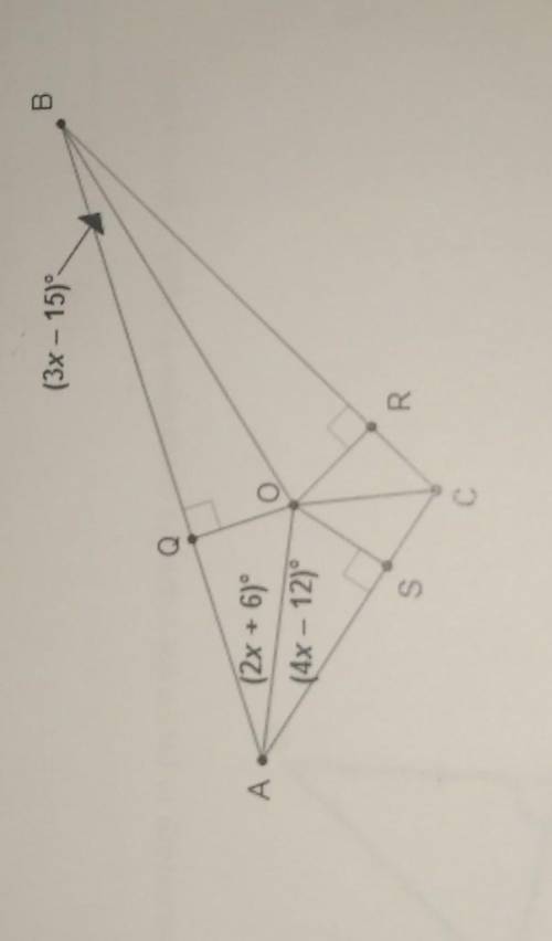 Point O is the inventer of triangle ABC. what is the measure of <QBO?