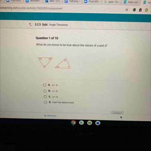 1 3.2.3 Quiz: Angle Theorems

Question 1 of 10
What do you know to be true about the values of a a