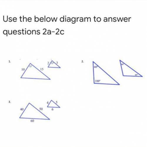 URGENT HELP!
is it 
A)ASA
B)SSS
C)AA
D)SAS
for each of the three triangles?