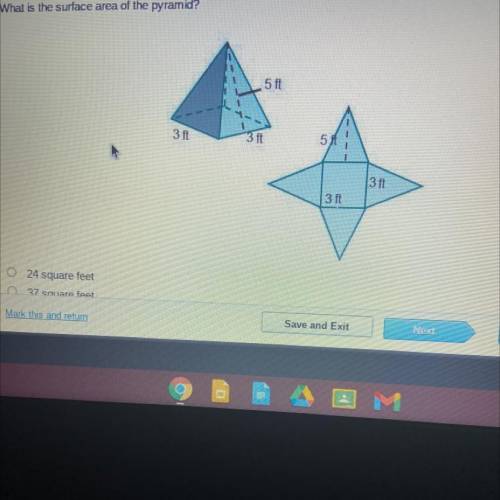 What is the surface area of the pyramid?
5 ft
3 ft
3 ft
5 ft
3 ft
3 ft