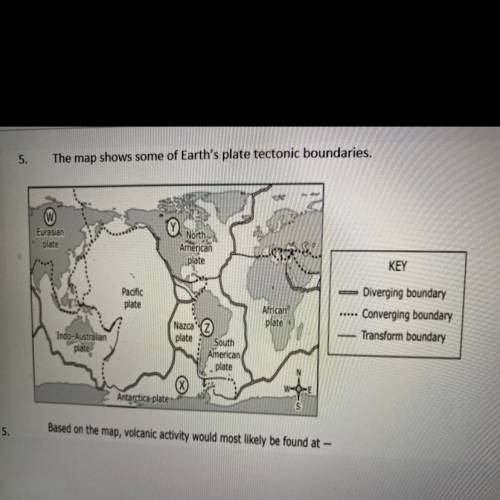 The map shows some of earths plate tectonic boundary’s. Based on the map, volcanic activity would m