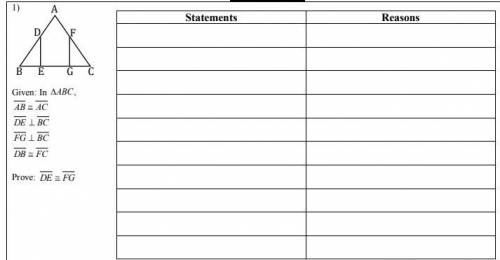 Given: In Triangle ABC, DB congruent FC, FG⊥BC, DE⊥BC, and AB congruent AC. Prove: DE congruent FG.