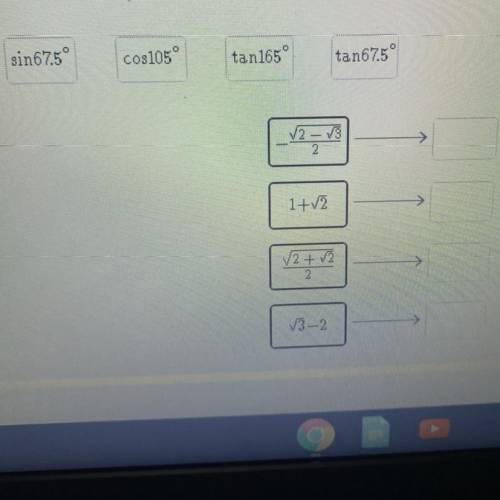 Drag the tiles to the correct boxes to complete the pairs.

Use half-angle and double
angle identi