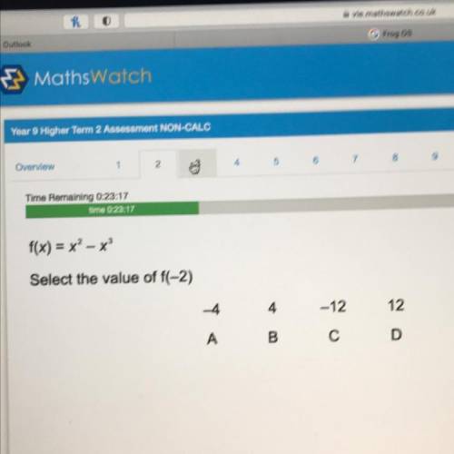 F(x) = x? – x3
Select the value of f(-2)
4
-12
12
A
B
C D