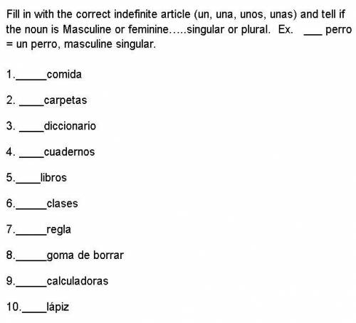 Fill in the worksheet with correct indefinite articles and tell if the noun is feminine or masculin