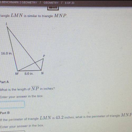 Triangle LMN is similar to triangle MNP.

16.0 in.
M
8.0 in
N
Part A
What is the length of NP. in