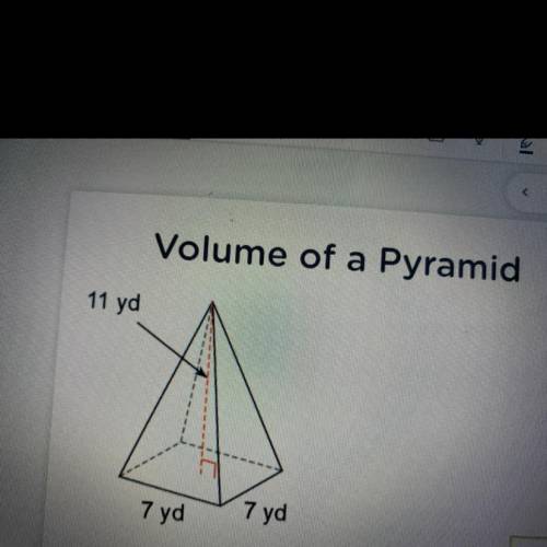 What is the Volume of this Pyramid?
Height: 11 yd
Base:7 (on all sides)