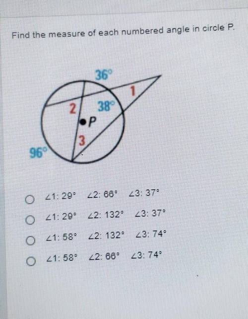 Find the measure of each numbered angle in circle P. 360 361 2 •P 21:29 22: 66 23: 378 0 o 21:58° 2