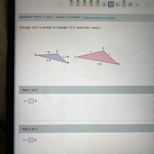 Triangle ABC is similar to Triangle XYZ. 
Solve for x and y
